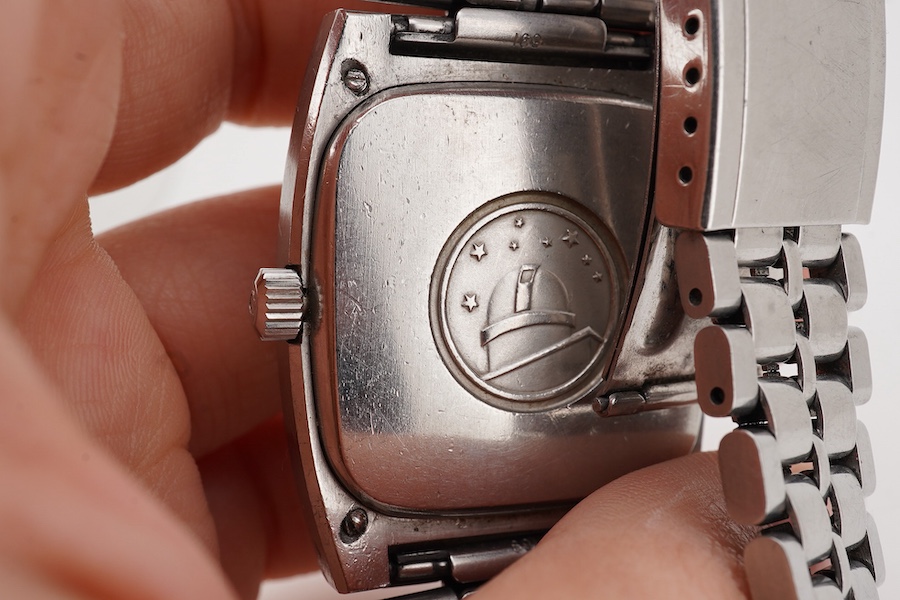 A gentleman's 1970;s stainless steel Omega Constellation automatic wrist watch, with baton numerals and date aperture, case diameter 34mm, on a stainless steel Omega bracelet, no box or papers.